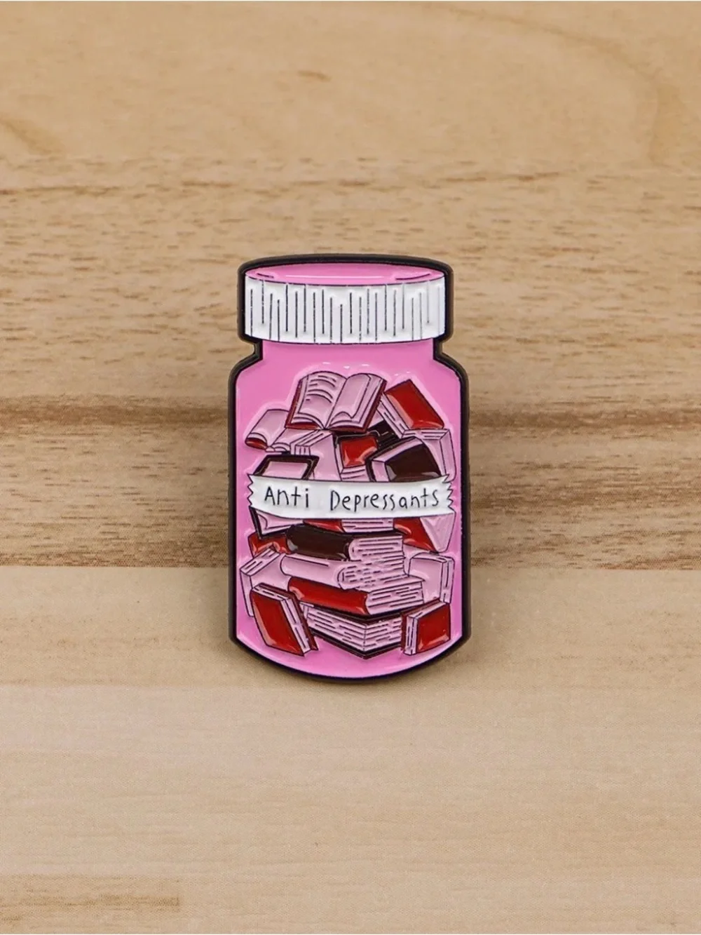 Anti Depressants Book Lover Enamel Pin | Pink Book Pill Bottle Lapel Pin.